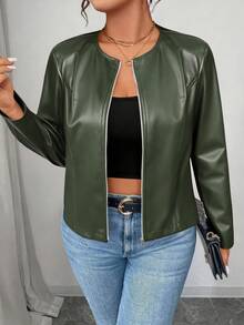 SHEIN PETITE CURVE Áo khoác da PU cổ điển đa năng cỡ lớn dành cho nữ, dòng Petite - Màu xanh Ô liu - Xem 5