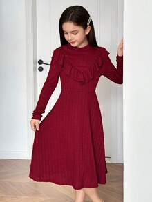Gaun Midi Anak Perempuan Remaja Elegan dengan Kerah Tegak, Tekstur Rajutan Aran Stitch, Hem Bergelombang, Model Fit & Flare, Warna Merah Anggur, Cocok untuk Natal, Halloween, Tahun Baru - Burgundy - View 3