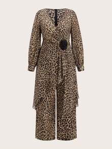 Ellevyn 大码女式豹纹长袖不对称下摆衬衫，饰以花卉图案，搭配阔腿裤，时尚两件套，适合办公室穿着。豹纹女装，猎豹纹女装。 - 彩色 - 查看 8