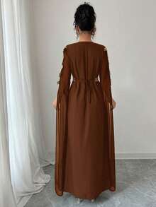 Rafferiza Áo choàng Abaya chắp vá tay dài cho nữ, váy Kaftan viền ren màu trơn - màu nâu - Xem 2
