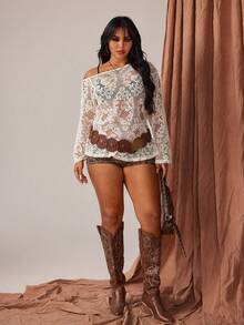 Rustia Women's Lace Knit Hollow Out Crochet Sheer Pullover Top - Apricot - View 4