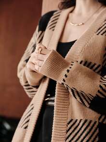 Uhlyne Women's Casual Loose Knit Cardigan, Plaid Pattern, Khaki Color, Long Sleeve, No Button, Suitable For Work And Commute, Winter - Khaki - View 2