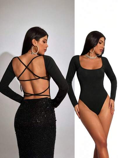 INAWLY Women's Elegant Sexy Solid Color Backless Long Sleeve Jumpsuit