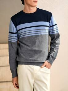Manfinity Homme Men's Casual Colorblock Striped Sweater, Autumn/Winter - Dark Grey - View 2