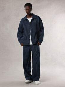 DAZY 男士条纹面料字母数字刺绣设计蓝色夹克套装，秋季 - 藍色 - 查看 7