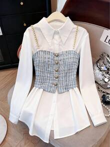 SHEIN Clasi Bộ 2 món cho nữ cỡ lớn: Áo sơ mi dài tay thường ngày và áo hai dây - Xanh và trắng - Xem 1