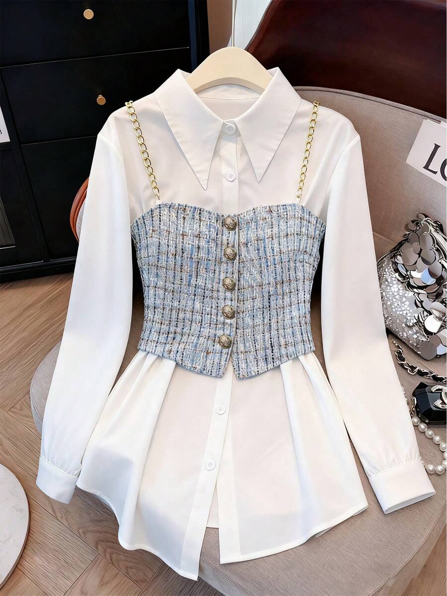 SHEIN Clasi Bộ 2 món cho nữ cỡ lớn: Áo sơ mi dài tay thường ngày và áo hai dây - Xanh và trắng - Xem 1