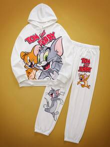 TOM & JERRY X SHEIN 男士可爱卡通图案抽绳连帽衫和裤子套装，秋季 - 白色 - 查看 1