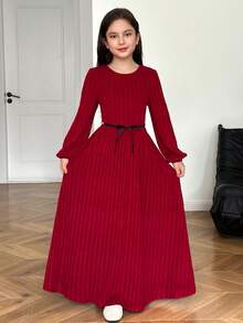 Tween Girl Integrated Casual Minimalist Comfortable Soft Round Neck Long Sleeve A-Line Textured Elegant Red Christmas Long Dress - Red - View 4