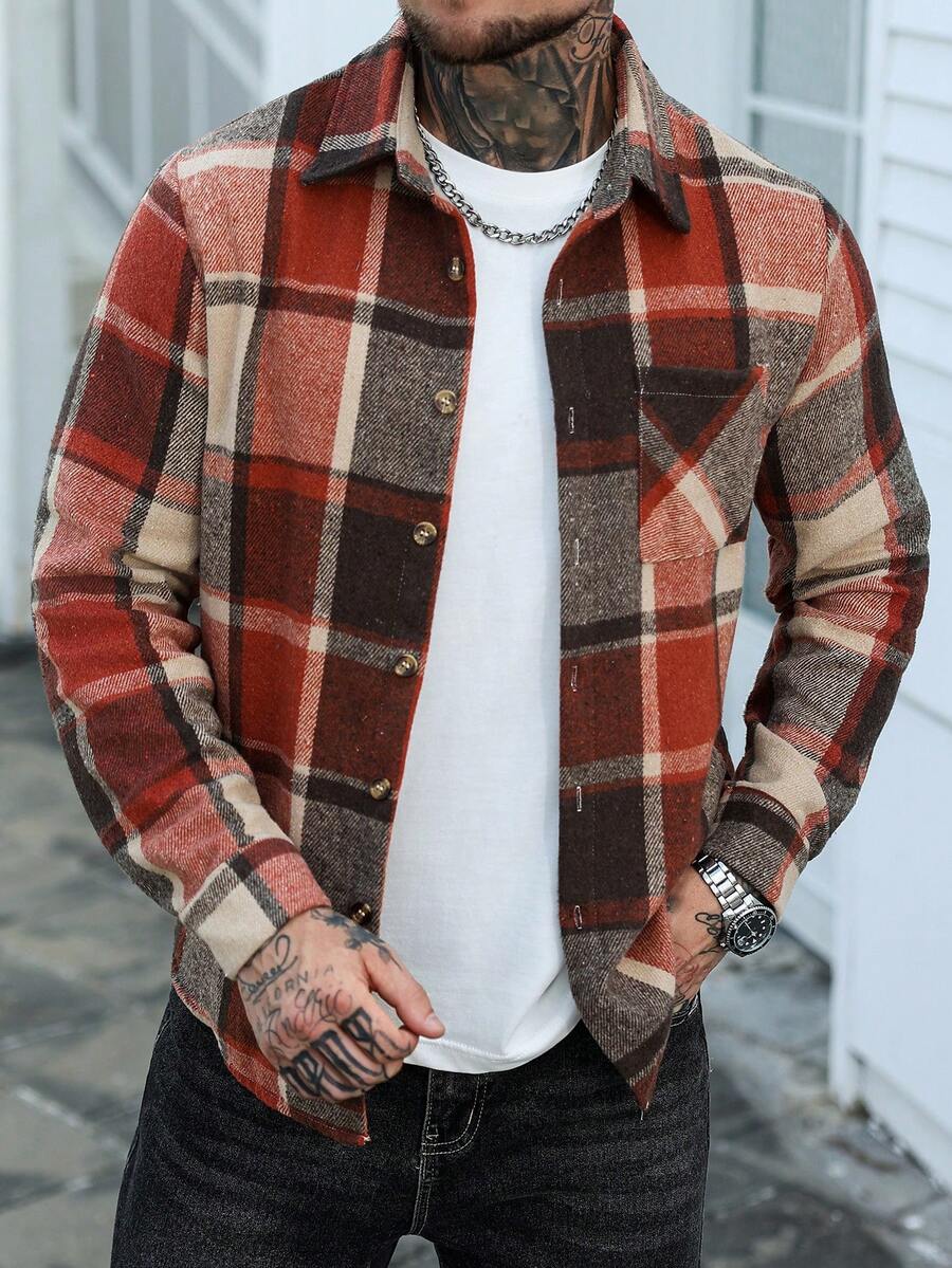 Manfinity Homme 男士格子休闲长袖衬衫式法兰绒衬衫,冬季款 - 橘色 - 查看 1