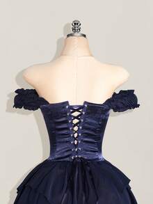 SHEIN ICON Váy ngắn chữ A bằng vải voan xếp ly jacquard màu trắng buộc eo cho nữ, dây xếp ly bèo nhún trễ vai nhiều lớp, viền bèo nhún, thanh lịch cho tiệc tùng và thường ngày - Màu xanh hải quân - Xem 8