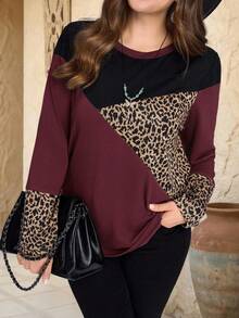 EMERY ROSE Áo thun tay dài cổ tròn họa tiết da báo Colorblock cỡ lớn mùa đông cho nữ ấm áp mùa thu đông cho nữ phong cách đồng quê cho nữ buổi hòa nhạc đồng quê cỡ lớn mùa đông, đi chơi năm mới, mới 2025, đơn giản và thời trang để mặc hàng ngày, cỡ lớn mùa đông, giáng sinh cho nữ, năm mới, đêm hẹn hò - Màu Đỏ Sâu - Xem 1