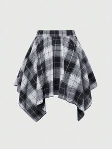 ROMWE Grunge Punk 女式韩流复古格子系带不对称层叠半身裙 - 黑色 - 查看 2