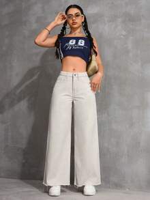 SHEIN ICON Solid Color Pocket Casual Versatile Wide Leg Jeans - Khaki - View 7