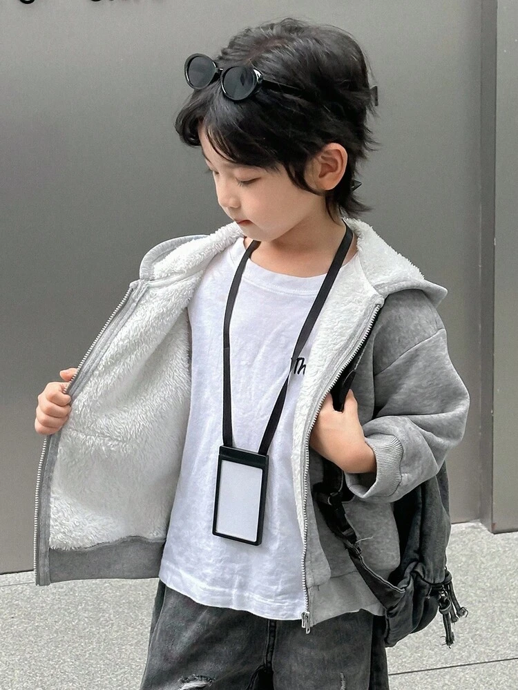 Young Boy Solid Color Drop Shoulder Long Sleeve Zip-Up Casual Fleece Sweatshirt, Autumn/Winter