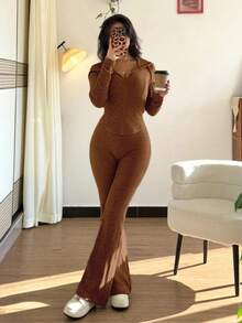 Rafferiza 2 件套女式休闲连帽运动衫，带口袋和罗纹喇叭裤套装，适合日常穿着，秋冬 - 鏽棕色 - 查看 7