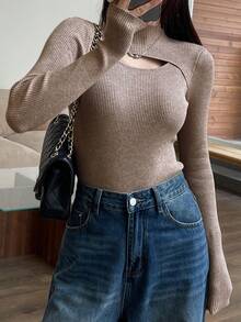 DAZY 女士秋季新款镂空修身套头衫，秋季女装 - 卡其色 - 查看 8