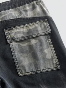 ROMWE MEN Street Life 男士宽松迷彩拼布牛仔裤 - 黑色 - 查看 5