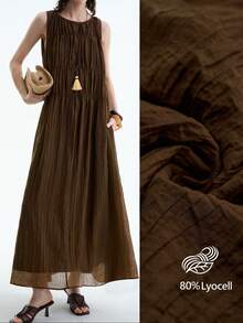 Aalyst Women Elegant Lightweight Luxurious Casual Dress, Loose Fit Sleeveless Round Neck Tencel Fabric, Side Pockets With Drawstring Waist, For Resort/Commute, Spring/Summer - Brown - View 1