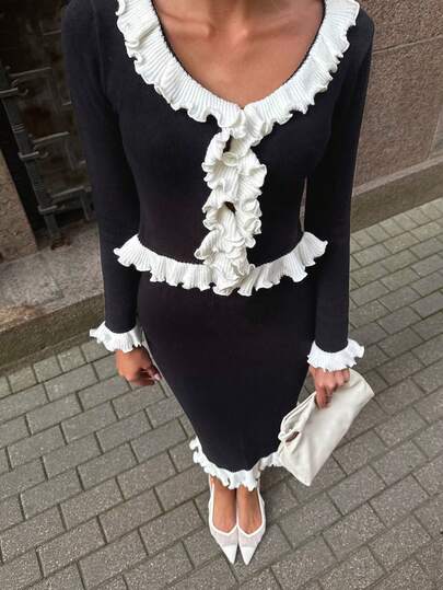 Pariaura 2pcs/Set French Romantic Lace Trim Regular Fit Women Sweater