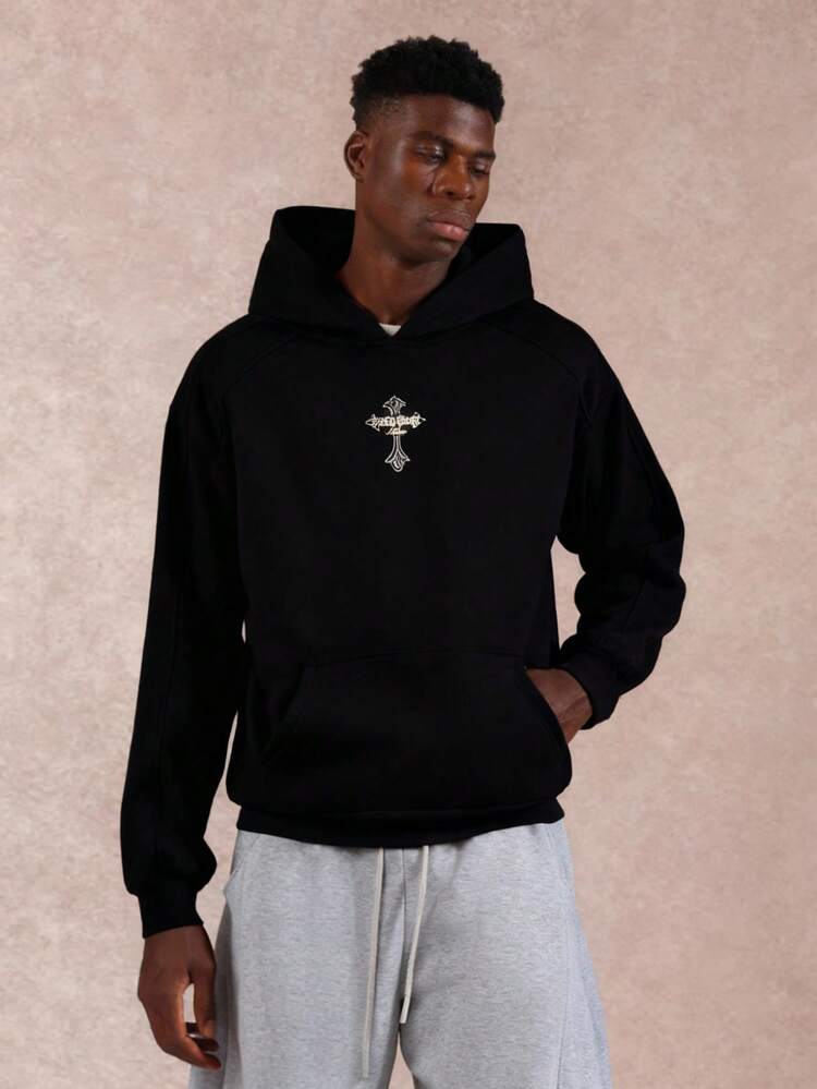 Cross Gothic Print Pullover Hoodie With Centre Pocket