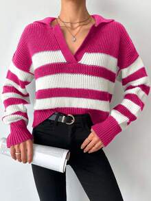 SHEIN Tall Striped Pattern Drop Shoulder Sweater, Tall Women - Hot Pink - View 5