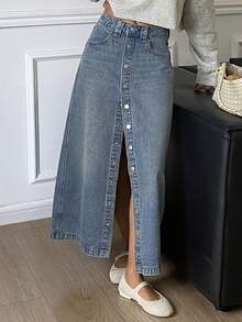 DAZY 女士纽扣前开襟休闲牛仔裙 - 中等水洗藍 - 查看 5