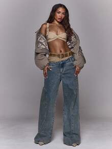 MUSERA Quần jeans ống rộng hai lớp cạp, dáng suông, thích hợp mặc mùa đông, đi chơi hàng ngày, đi chơi tối, phong cách thường ngày, cá tính, thời trang đường phố, màu bạc, sành điệu, mùa xuân hè. - Nhiều màu - Xem 1