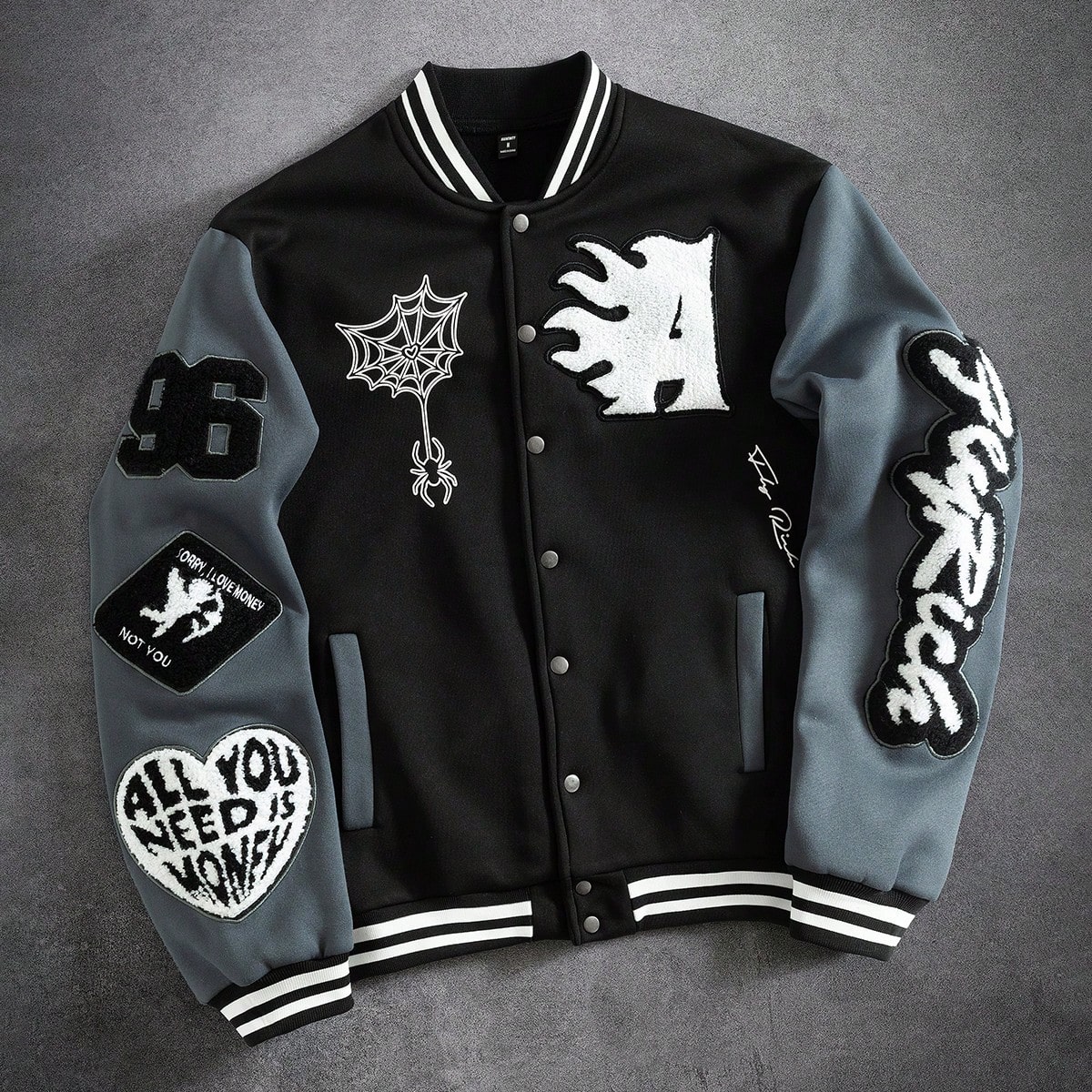 Chaqueta de béisbol de manga larga con contraste de color, parche con letras y ribete a rayas para hombres, chaqueta casual de otoño con cremallera