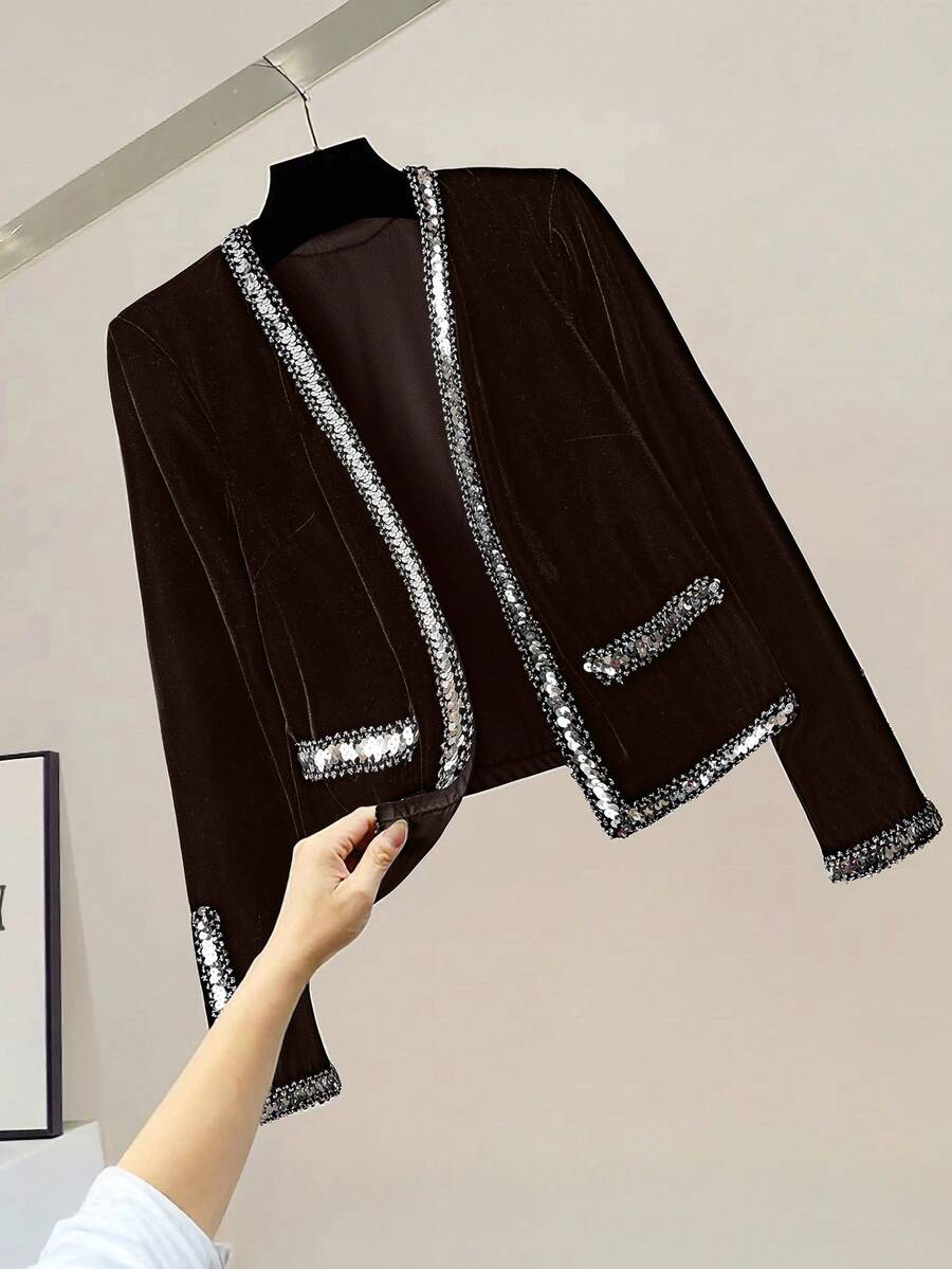 EMERY ROSE Women's Velvet Cardigan With Beaded Ribbon Trim - Brown - View 1