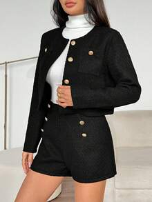 SHEIN PETITE Women's Single Breasted Long Sleeve Jacket And Shorts Set