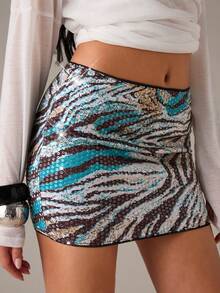 SHEIN BAE Women's Fashionable Party Sequin Mini Skirt Cheetah Print - Multicolor - View 4