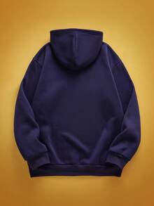 TOM & JERRY X SHEIN 男士休闲可爱卡通图案口袋保暖连帽衫，秋季款，长袖上衣 - 藏蓝色 - 查看 2