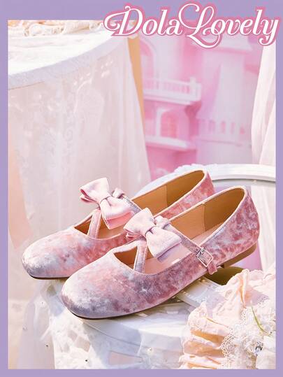 Dola Lovely 1 Pair Women's Mary Jane Flats, Pink Bow & Rhinestone Decor Slip-On Casual Comfortable Shoes Suitable For Outdoor Wear