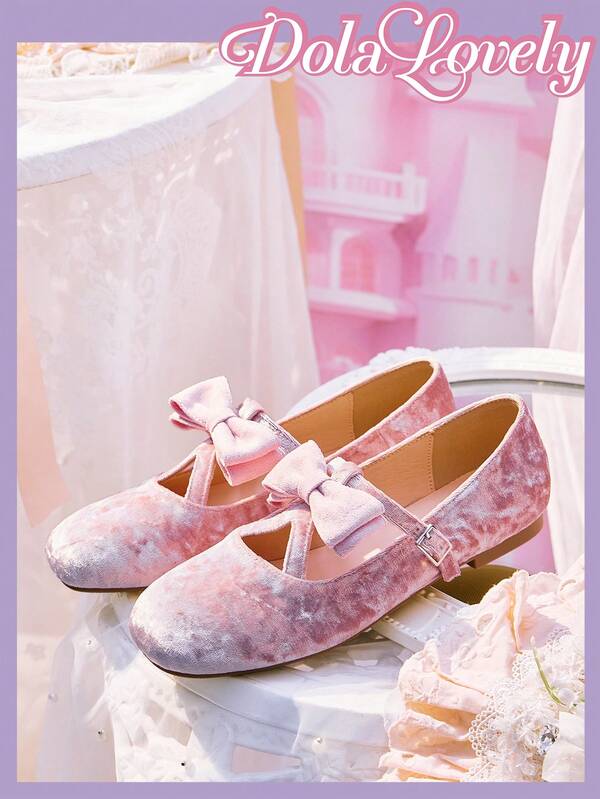 Dola Lovely 1 Pair Women's Mary Jane Flats, Pink Bow & Rhinestone Decor Slip-On Casual Comfortable Shoes Suitable For Outdoor Wear