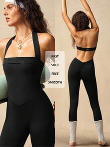 VARSIVA 女式纯色露背无袖修身运动连体裤 - 黑色 - 查看 11