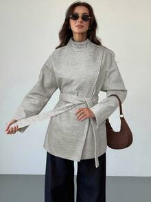 Aloruh Women's Solid Color Minimalist Casual Tie-Up Overcoat - Grey - View 3