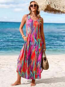 Sylviya Summer Women's V-Neck Asymmetrical Hem Side Split Face Printed Casual Vacation Sleeveless Dress With Pockets,Festival Outfits 4th Of July Dress Fall Dresses Summer Dress Midi,Summer Dresses For Women