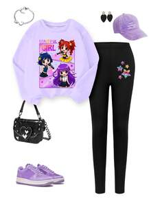 Cozy Fall & Winter Styles, Young Girl Casual Fashion Creative Personalized Fresh Cundy Virtual Girl Group Character Glitter Pentagram Logo Letter Graphic Print Relaxed Crew Neck Sweatshirt And Flared Pants Set, Comfortable Outfit - Multicolor - View 3