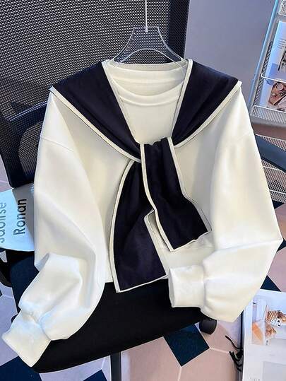 Resyla Women's Contrast Color 2 In 1 Black Crew Neck Sweatshirt