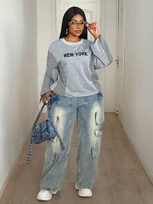 Maweii Plus Size Women Letter & Stripe Patchwork Sweatshirt, Suitable For Autumn - Light Grey - View 5