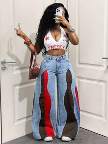 Slaydiva Quần Jeans Rộng Màu Tương Phản Thường Ngày Cỡ Lớn Thời Trang Cho Nữ - Rửa nhẹ - Xem 4