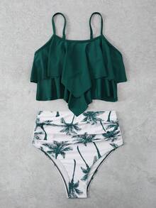 SHEIN Swim Summer Beach Tropical Print Hanky Hem Ruched High Waisted Bikini Set - Dark Green - View 3