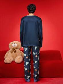 SHEIN Dinosaur Men's Loungewear Set,Long Sleeve Top And Long Pants,Printed Round Neck Knit Winter Christmas Clothes,Navy Blue,Autumn,Casual,Home - Navy Blue - View 2