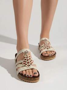 Sandalia para mujer tejido a mano concha decorativa punta redonda sin cordones suela plana estilo bohemio verano playa paseo sandalia - Blanco - Ver 2