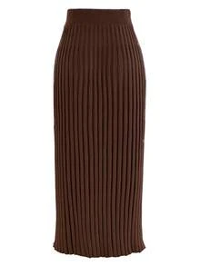 INAWLY Falda de suéter con abertura alta y botones de unicolor simple para uso diario y casual de mujer, otoño/invierno - Café integral - Ver 2