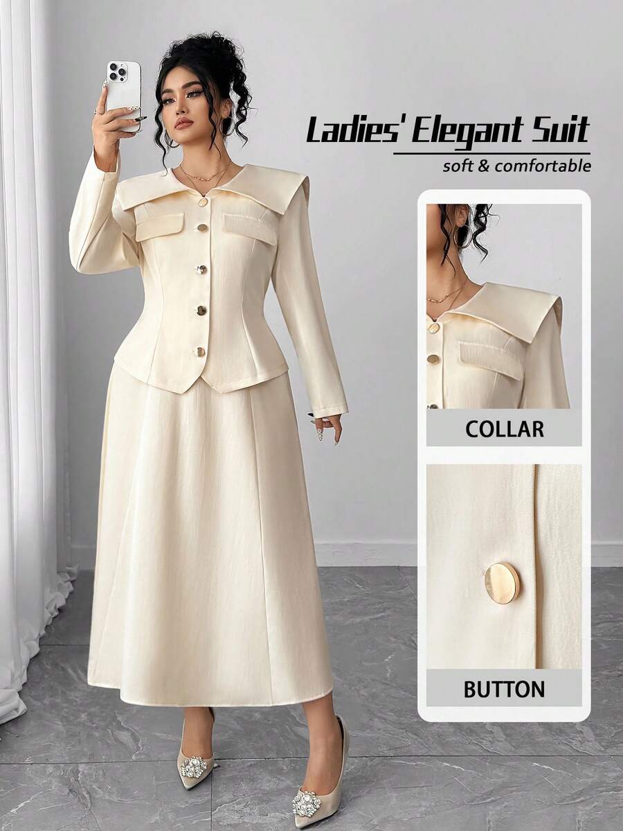 SHEIN PETITE CURVE 大码女式两件套，纯色高端时尚，适合日常穿着、约会、通勤、秋冬 - 杏色 - 查看 1