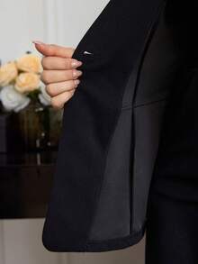 Modelyn 女士加大码黑色西装套装，花卉装饰丝带设计喇叭裤两件套 - 黑色 - 查看 8