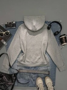 SHEIN EZwear Sudadera con capucha con cremallera de punto gris Attitoon, estilo universitario con patrón de insignia, talla 23, sudadera casual y elegante para mujer para otoño/invierno