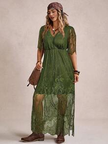 Freevana 夏季乡村音乐节服装纯色度假风格蕾丝连衣裙高开衩音乐节 - 軍綠色 - 查看 3